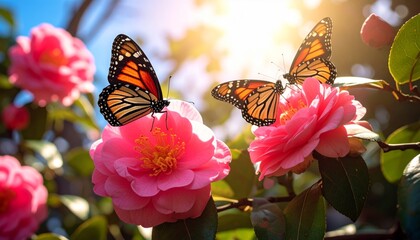 Obraz premium Elegant Monarch Butterflies Resting on Vibrant Pink Flowers