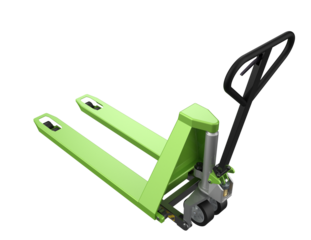 Efficient Green Pallet Truck: Modern Industrial Material Handling for Warehouse Operations. High-Quality 3D Rendered Hand Pump Jack Isolated on Transparent Background for Logistics and Freight.