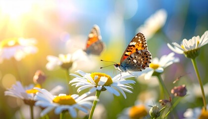 Colorful Butterflies on White Daisy Flowers in Sunlit Meadow