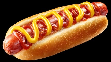 Delicious Hot Dog Topped with Mustard and Ketchup on Black Background Evoking Nostalgia for Summer Barbecues
