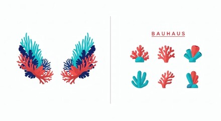 Obraz premium Abstract collection of colorful botanical and coral shapes in a modern paper cut-out style, isolated vector elements for design