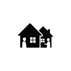 Silhouette illustration of two people standing in front of houses, representing real estate, neighborhood, or community concept