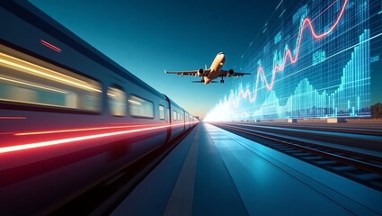 Futuristic business concept with high-speed train in motion blur, airplane taking off, glowing financial graphs, data light trails, cinematic daylight perspective, ultra-detailed premium marketing sty