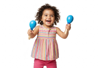 Happy toddler girl playing with maracas isolated on transparent background