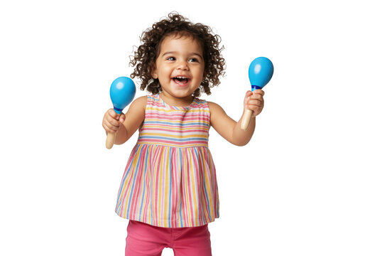 Happy toddler girl playing with maracas isolated on transparent background