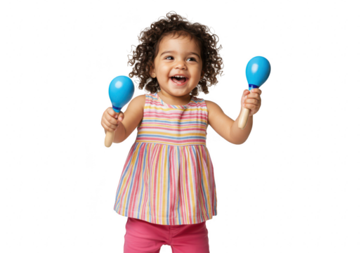 Happy toddler girl playing with maracas isolated on transparent background - Powered by Adobe