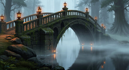 An old stone bridge with glowing lanterns crossing a river in a misty, enchanted forest