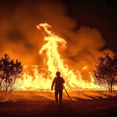 A lonely firefighter faces the raging flames