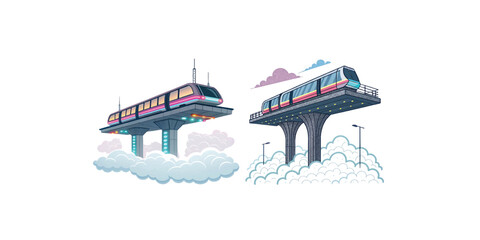 Naklejka premium Print Vector illustration of futuristic floating train station above the clouds with neon lighting accents, minimal clean background