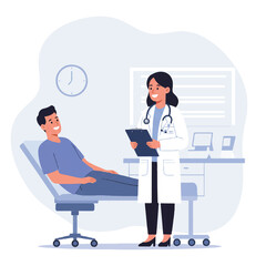 Smiling female doctor in a white coat with a stethoscope and clipboard consults a patient in a clean, simplified 2D flat vector illustration set against a white background.