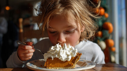 Child enjoying pumpkin pie with whipped cream during holiday meal