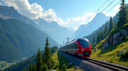 A sleek modern train racing through alpine mountains, sharp curves, tunnels, and lush valleys, sunlight highlighting the metallic surface, conveying speed, engineering, and travel