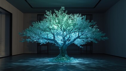 Glowing eco-art tree sculpture crafted from recycled transparent plastic fragments, luminescent blue-green light, crystalline branches and leaves