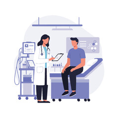 Professional flat 2D vector illustration depicts a female doctor in a white coat consulting a male patient on an examination bed within a clean, modern medical clinic.