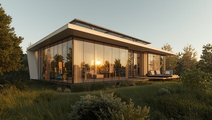 Fototapeta premium Futuristic eco-friendly house made from recycled glass and plastic, modern minimalistic architecture with smooth geometric lines, large transparent glass walls with colorful recycled panels