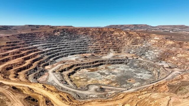 Vast open-pit mine with terraced levels showcasing industrial extraction of minerals under a clear blue sky