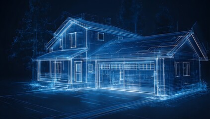 Futuristic glowing blueprint of a modern house in the dark