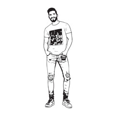Handsome Man Black and White Illustration Vector Image Male Portrait Fashion Sketch Line Art Design