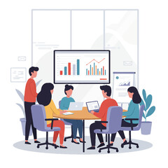 A diverse team of professionals works collaboratively around a conference table in a bright, minimalist office with charts on a screen, rendered as a clean 2D flat vector illustration.