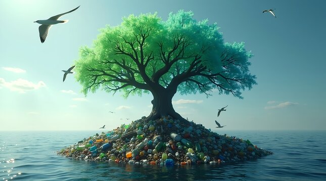 Eco-futuristic tree emerging from floating ocean waste, tangled plastic roots, translucent green and blue glowing leaves, seagulls above