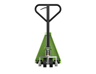 Efficient Green Pallet Truck: Modern Industrial Material Handling for Warehouse Operations. High-Quality 3D Rendered Hand Pump Jack Isolated on Transparent Background for Logistics and Freight.
