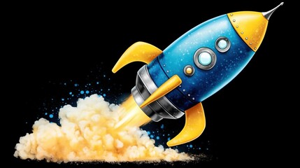 Dynamic Blue Rocket Launching into the Dark Space with Bright Orange Flames and Smoke Effect
