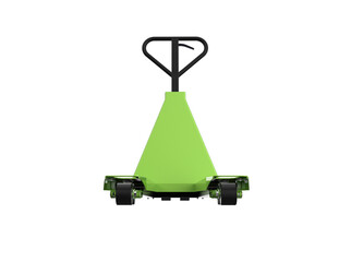 Industrial Green Hand Pallet Truck Cut Out: Essential Warehouse Equipment for Heavy-Duty Material Transport and Distribution. Isolated Studio Shot, HD Transparent PNG for Efficient Business Logistics.