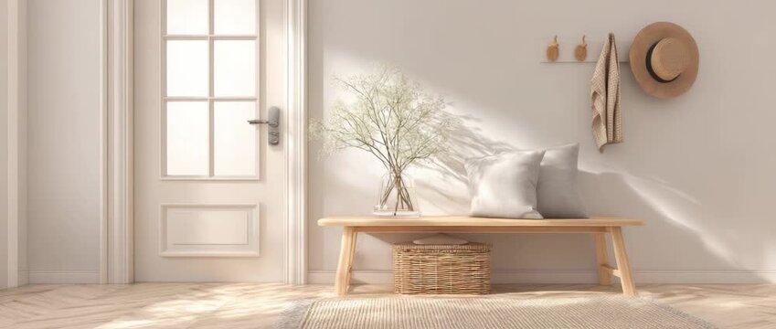 Elegant and cozy entryway with natural light, wooden bench, and minimalist decor elements