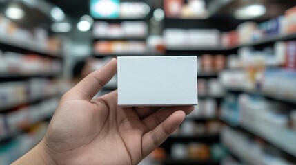 Hand Holding Blank White Textured Box Against Blurred Store Background