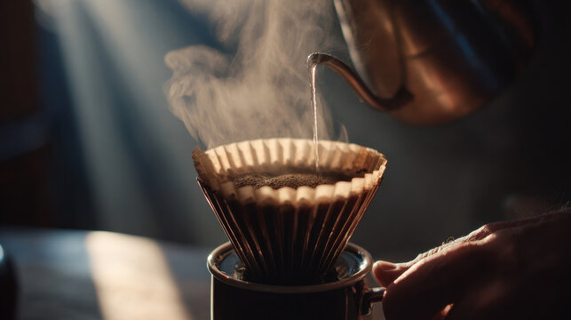 Hot water poured into filter coffee dripper with steam rising in warm light