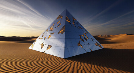 A surreal image of a fractured, mirrored pyramid reflecting the sky in a vast desert