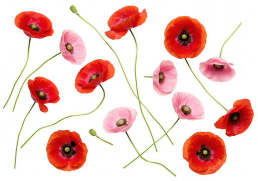 Collection of red and pink poppies isolated on transparent background