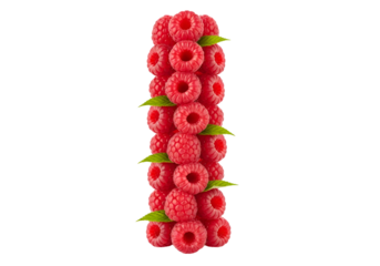 A vertical arrangement of vibrant red raspberries forms the capital letter I on a pure black background.