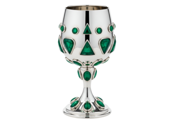 Ornate silver goblet, meticulously adorned with vibrant emerald-green gemstones, displaying a captivating design against a stark black backdrop.