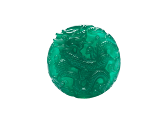 A vibrant, round, emerald-green jade carving intricately depicts a mythical dragon, showcasing exquisite craftsmanship.