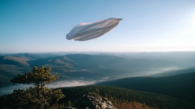 Dramatic view of white fabric flying on mountain top, freedom and creativity concept, artistic outdoor scene, breathtaking landscape with sky and wind.