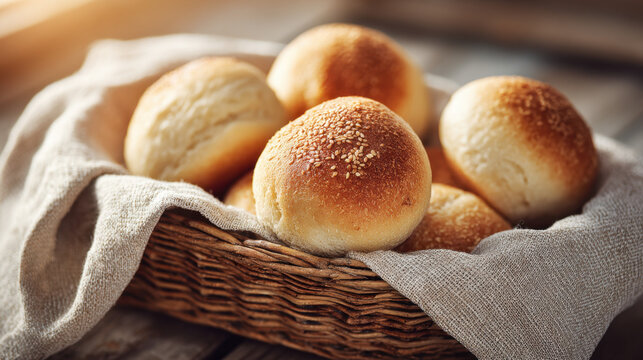 Golden sesame seed bread rolls in a rustic wicker basket with linen cloth