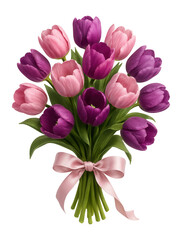 Obraz premium Bouquet of pink and purple tulips with a silk ribbon