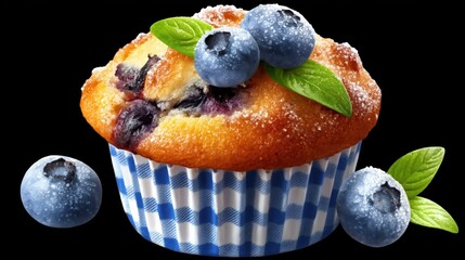 Delicious Blueberry Muffin Topped with Fresh Berries and Mint Leaves on a Black Background
