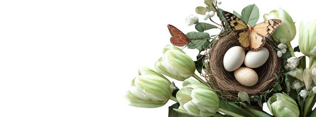 Pastel-toned arrangement of pale green tulips, a bird's nest with eggs, and delicate leaves, with a butterfly