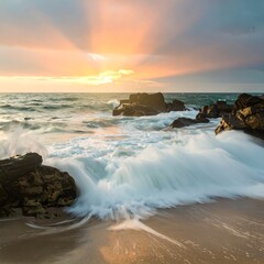 Serene sunset over coastal rocks and waves