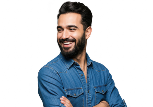 Man with beard smiling and looking away isolated on transparent background