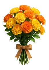 Obraz premium Bouquet of yellow and orange carnations with a burlap tie