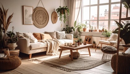 Cozy and Warm Living Room with Natural Decor and Green Plants
