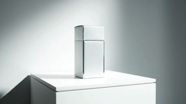 Sleek Silver Rectangular Product Bottle on Minimalist White Pedestal