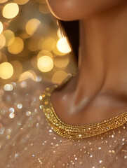 Naklejka premium Realistic Jewelry Macro Photography of Necklace Chain. Delicate Pendant Necklace on Female Neck Close-Up