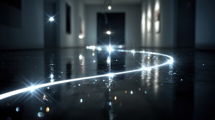 Captivating Light Trail on Reflective Surface in a Modern Interior Space