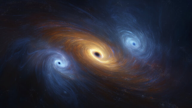 Golden black hole swirling accretion disk galactic nebula cosmic vortex deep space triple system gravitational dance luminous core interstellar dust stellar field in awe and mystery