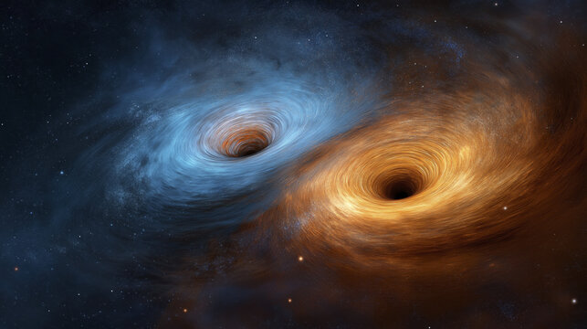 Blue black hole orange black hole binary black hole cosmic swirl accretion disk deep space galaxy core gravitational waves astrophysics star field. Blue black hole and orange black hole form