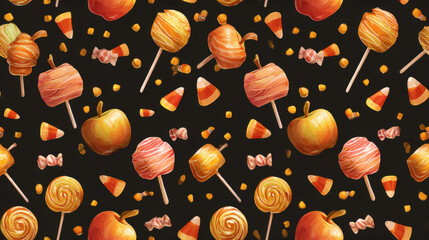 Seamless pattern of caramel apples candy corn lollipops and sweets on dark background